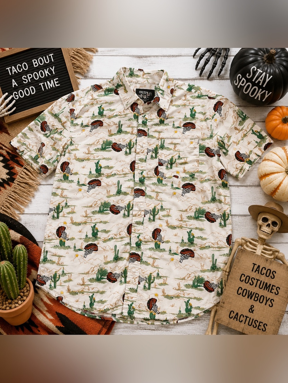 Fresh Vibes Skeleton Taco Cactus Desert Button Up Shirt Mens S
